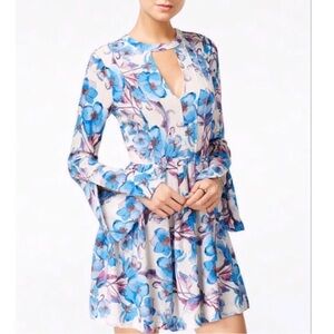 NWT Free People Tegan White Blue Floral Long Flare Sleeve Keyhole Mini Dress